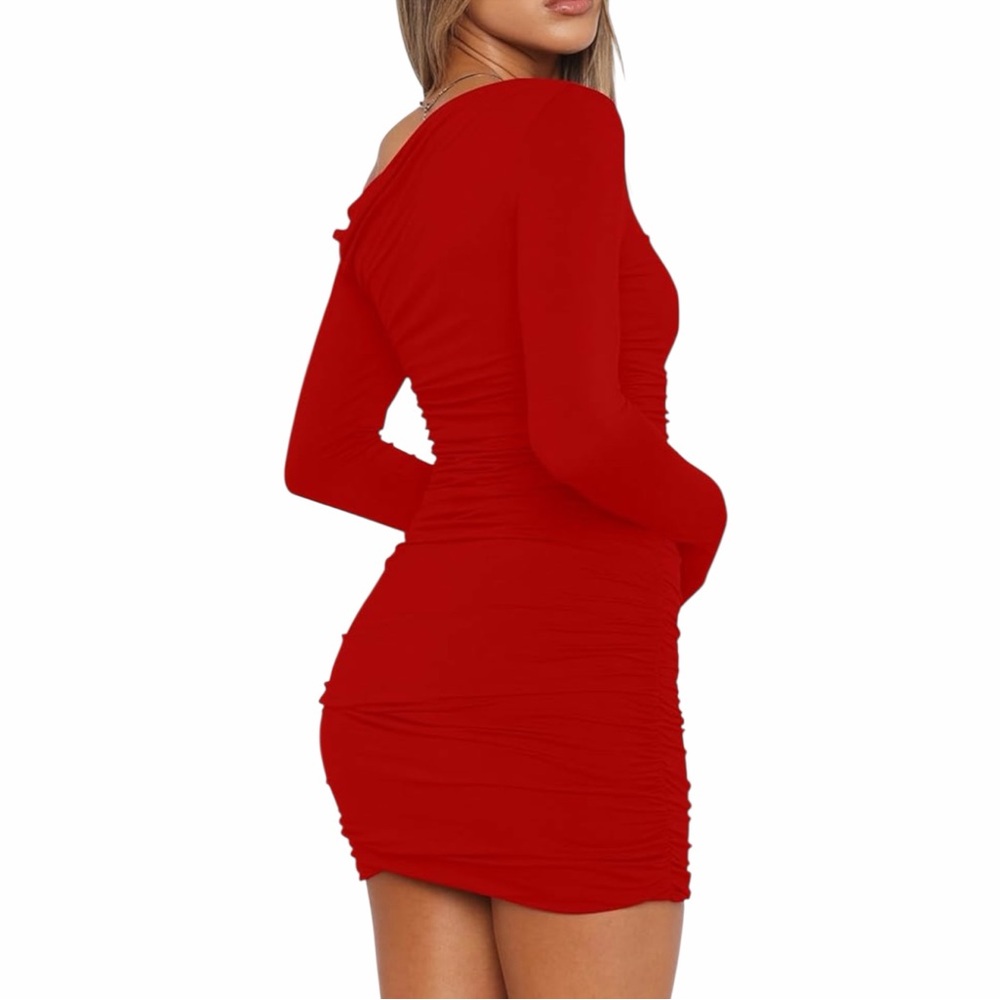 Red Long Sleeve Off The Shoulder Cocktail Mini Dress - Picture 4 of 6